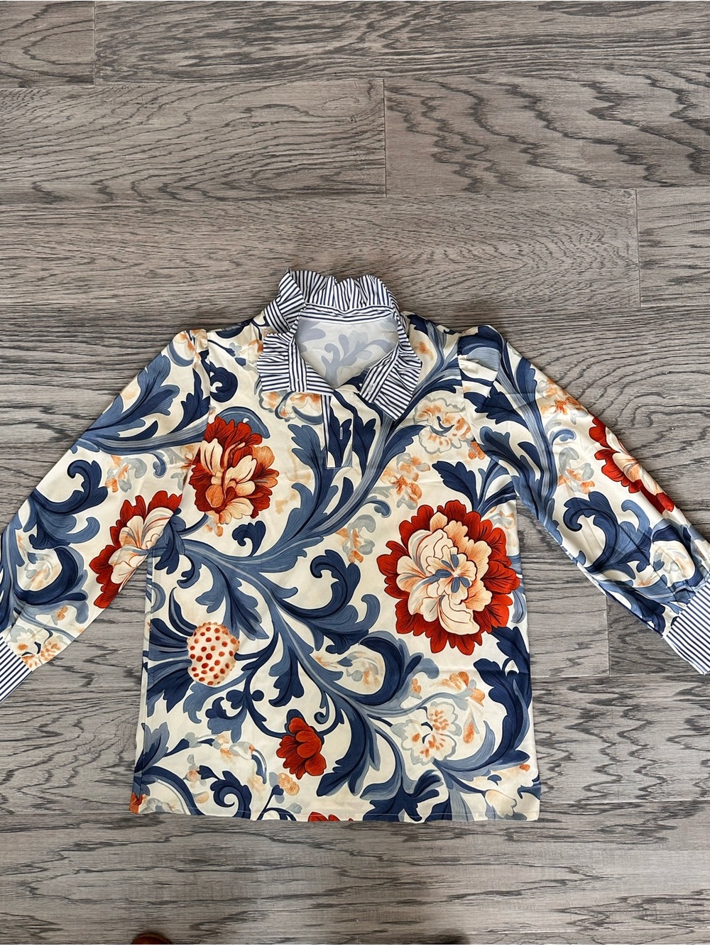 Floral Print Long-Sleeve Blouse - Cream, Blue & Red Jacobean Luxury